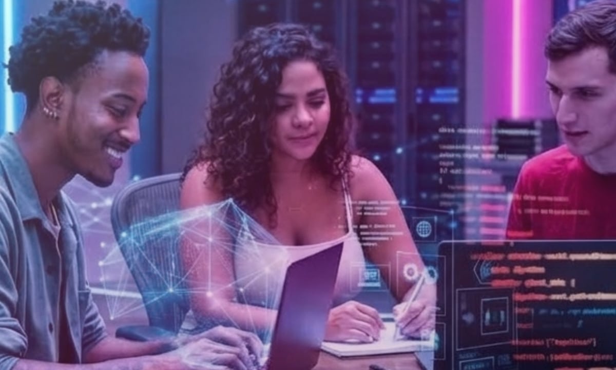 Trois jeunes professionnels travaillant sur des ordinateurs portables autour d'une table en bois, entourés de projections holographiques lumineuses de réseaux et de code, dans une salle de serveurs aux éclairages néon bleu et violet.